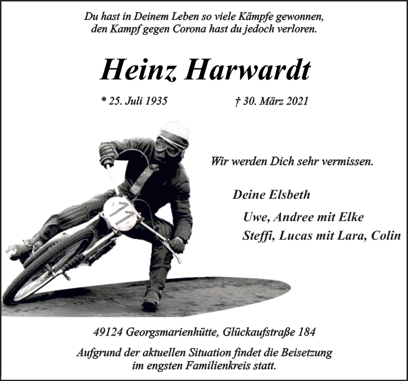  Traueranzeige für Heinz Harwardt vom 07.04.2021 aus Neue Osnabrücker Zeitung GmbH & Co. KG