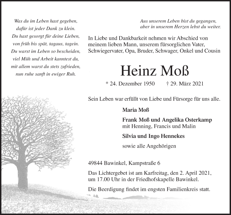  Traueranzeige für Heinz Moß vom 01.04.2021 aus Neue Osnabrücker Zeitung GmbH & Co. KG