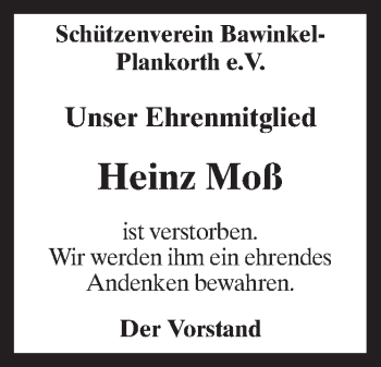 Traueranzeige von Heinz Moß von Neue Osnabrücker Zeitung GmbH & Co. KG