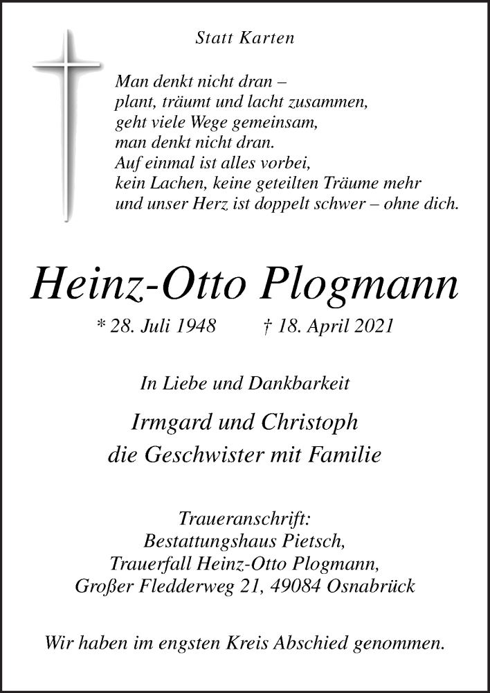  Traueranzeige für Heinz-Otto Plogmann vom 30.04.2021 aus Neue Osnabrücker Zeitung GmbH & Co. KG