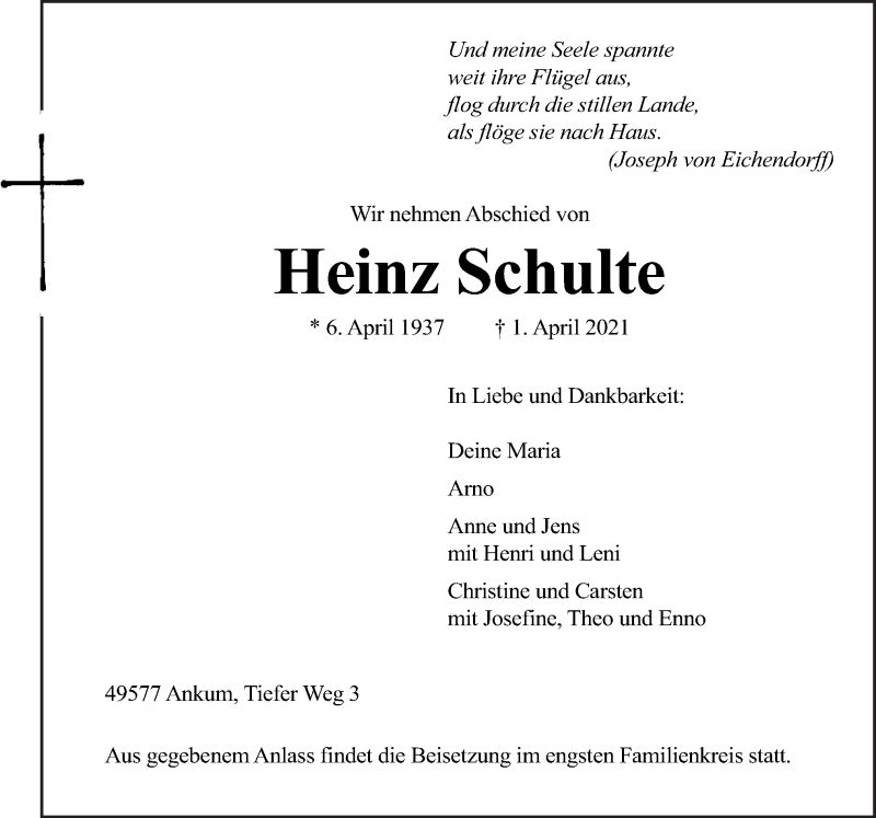  Traueranzeige für Heinz Schulte vom 03.04.2021 aus Neue Osnabrücker Zeitung GmbH & Co. KG