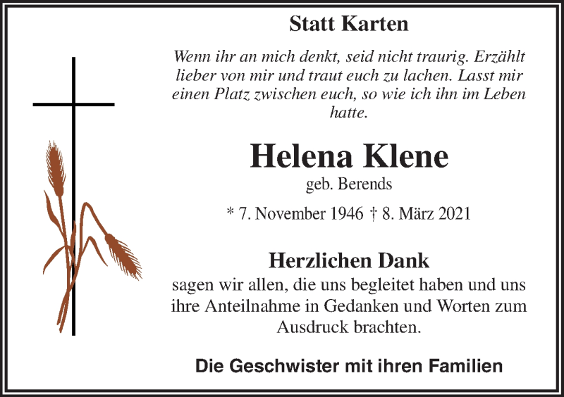  Traueranzeige für Helena Klene vom 14.04.2021 aus Neue Osnabrücker Zeitung GmbH & Co. KG