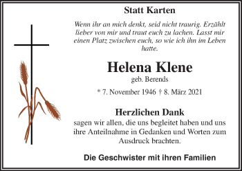 Traueranzeige von Helena Klene von Neue Osnabrücker Zeitung GmbH & Co. KG