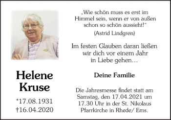 Traueranzeige von Helene Kruse von Neue Osnabrücker Zeitung GmbH & Co. KG