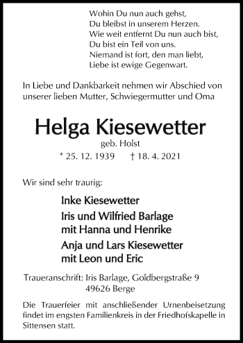 Traueranzeige von Helga Kiesewetter von Neue Osnabrücker Zeitung GmbH & Co. KG