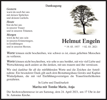Traueranzeige von Helmut Engeln von Neue Osnabrücker Zeitung GmbH & Co. KG