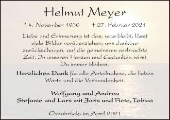 Traueranzeige von Helmut Meyer von Neue Osnabrücker Zeitung GmbH & Co. KG