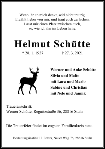 Traueranzeige von Helmut Schütte von Neue Osnabrücker Zeitung GmbH & Co. KG