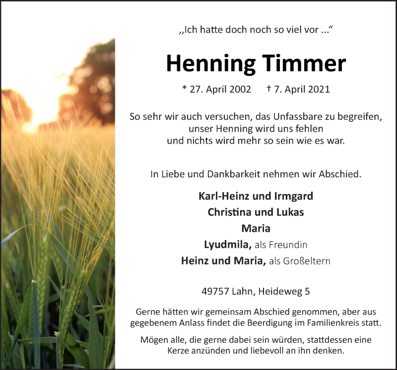  Traueranzeige für Henning Timmer vom 10.04.2021 aus Neue Osnabrücker Zeitung GmbH & Co. KG