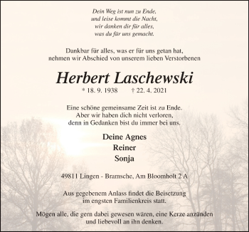 Traueranzeige von Herbert Laschewski von Neue Osnabrücker Zeitung GmbH & Co. KG