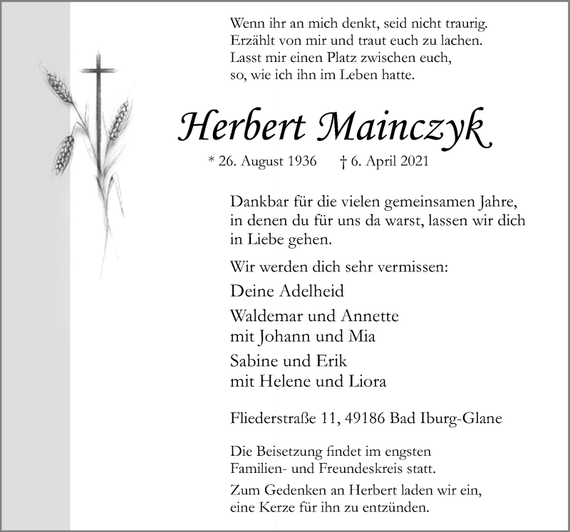  Traueranzeige für Herbert Mainczyk vom 10.04.2021 aus Neue Osnabrücker Zeitung GmbH & Co. KG