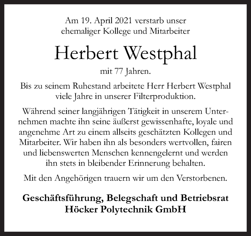  Traueranzeige für Herbert Westphal vom 24.04.2021 aus Neue Osnabrücker Zeitung GmbH & Co. KG
