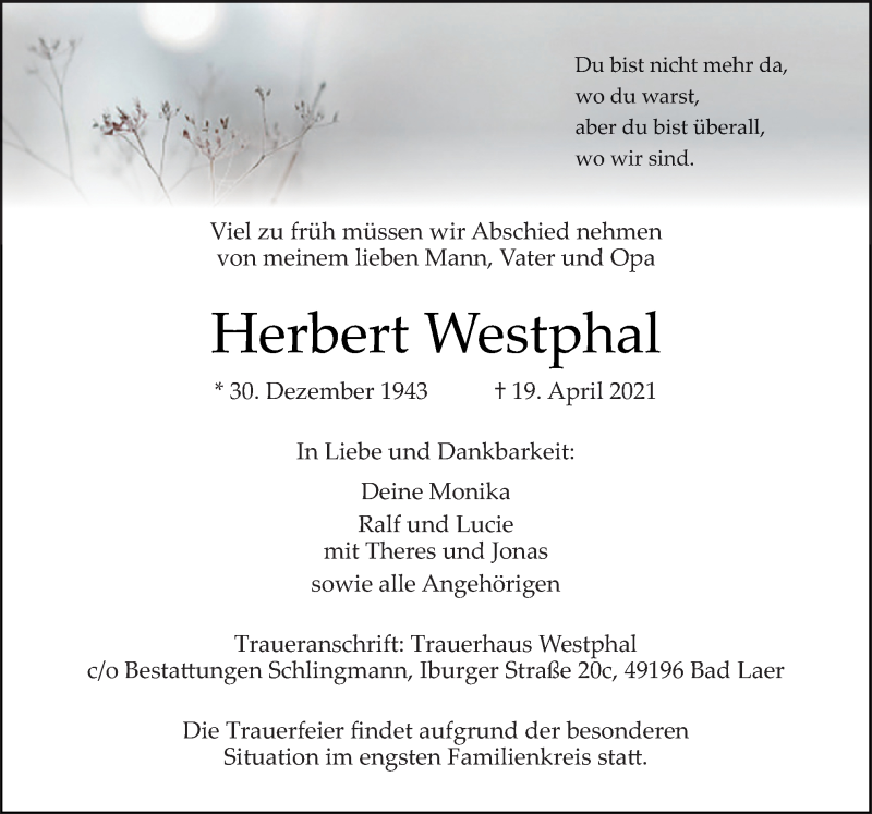  Traueranzeige für Herbert Westphal vom 24.04.2021 aus Neue Osnabrücker Zeitung GmbH & Co. KG