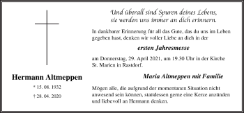 Traueranzeige von Hermann Altmeppen von Neue Osnabrücker Zeitung GmbH & Co. KG