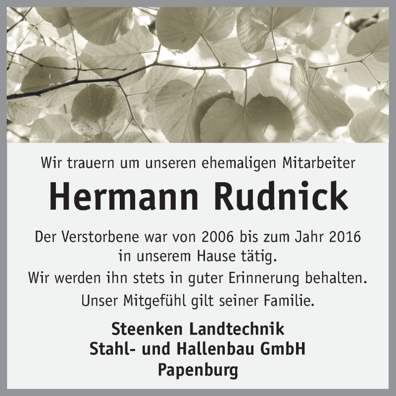  Traueranzeige für Hermann Rudnick vom 15.04.2021 aus Neue Osnabrücker Zeitung GmbH & Co. KG