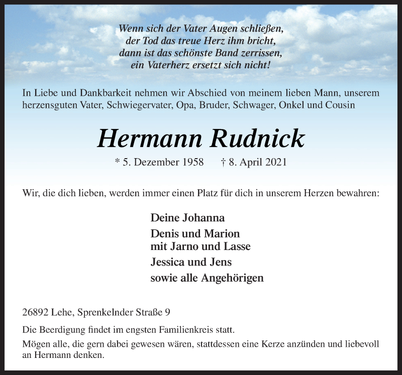  Traueranzeige für Hermann Rudnick vom 12.04.2021 aus Neue Osnabrücker Zeitung GmbH & Co. KG