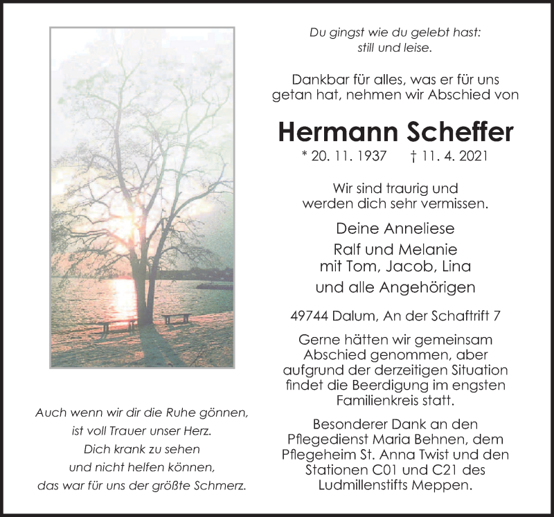  Traueranzeige für Hermann Scheffer vom 14.04.2021 aus Neue Osnabrücker Zeitung GmbH & Co. KG