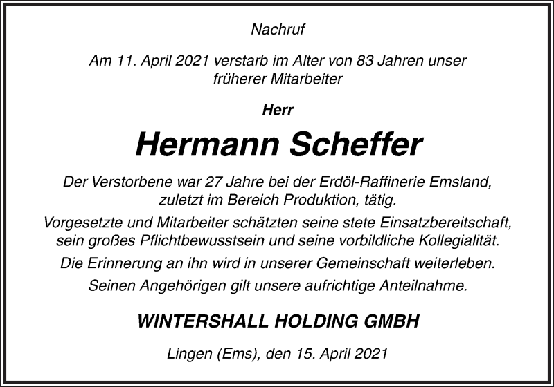 Traueranzeige für Hermann Scheffer vom 15.04.2021 aus Neue Osnabrücker Zeitung GmbH & Co. KG