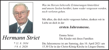 Traueranzeige von Hermann Striet von Neue Osnabrücker Zeitung GmbH & Co. KG