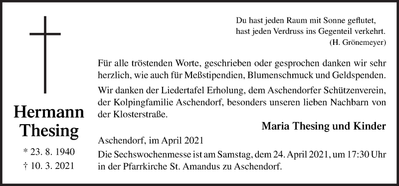  Traueranzeige für Hermann Thesing vom 21.04.2021 aus Neue Osnabrücker Zeitung GmbH & Co. KG