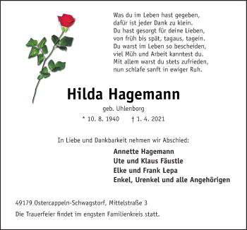 Traueranzeige von Hilda Hagemann von Neue Osnabrücker Zeitung GmbH & Co. KG