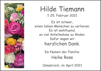 Traueranzeige von Hilde Tiemann von Neue Osnabrücker Zeitung GmbH & Co. KG