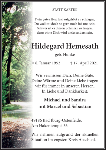 Traueranzeige von Hildegard Hemesath von Neue Osnabrücker Zeitung GmbH & Co. KG