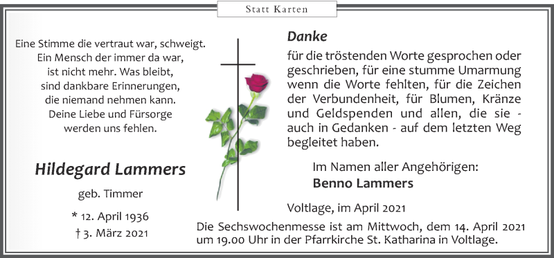  Traueranzeige für Hildegard Lammers vom 10.04.2021 aus Neue Osnabrücker Zeitung GmbH & Co. KG