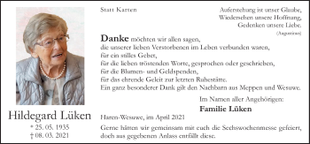 Traueranzeige von Hildegard Lüken von Neue Osnabrücker Zeitung GmbH & Co. KG