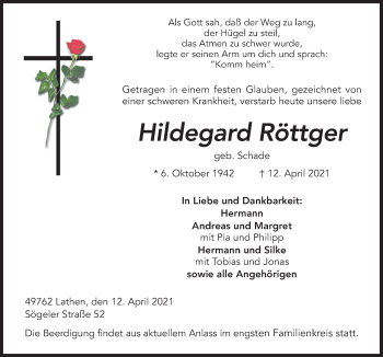 Traueranzeige von Hildegard Röttger von Neue Osnabrücker Zeitung GmbH & Co. KG