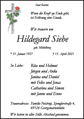 Traueranzeige von Hildegard Siebe von Neue Osnabrücker Zeitung GmbH & Co. KG