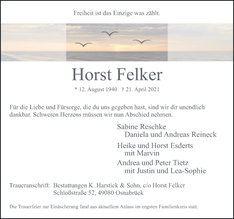  Traueranzeige für Horst Felker vom 30.04.2021 aus Neue Osnabrücker Zeitung GmbH & Co. KG