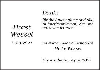 Traueranzeige von Horst Wessel von Neue Osnabrücker Zeitung GmbH & Co. KG