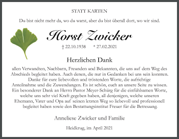 Traueranzeige von Horst Zwicker von Neue Osnabrücker Zeitung GmbH & Co. KG