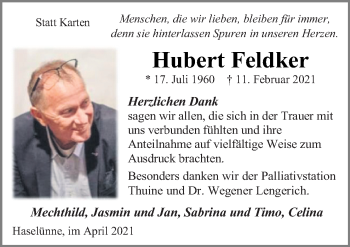 Traueranzeige von Hubert Feldker von Neue Osnabrücker Zeitung GmbH & Co. KG