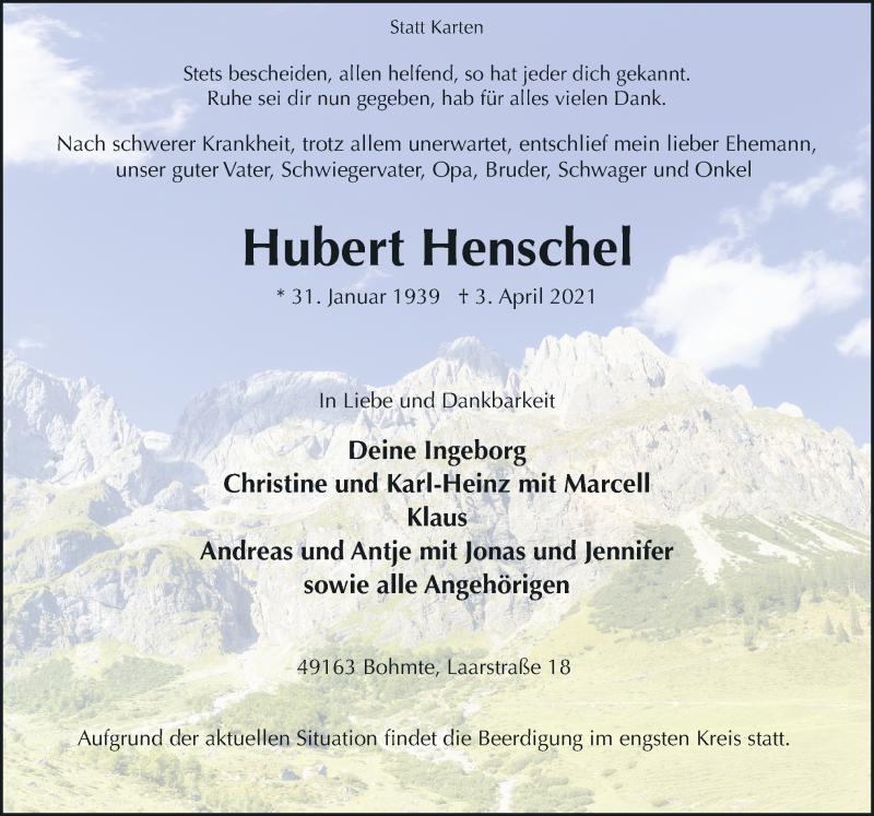  Traueranzeige für Hubert Henschel vom 10.04.2021 aus Neue Osnabrücker Zeitung GmbH & Co. KG