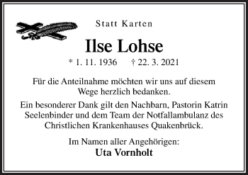 Traueranzeige von Ilse Lohse von Neue Osnabrücker Zeitung GmbH & Co. KG