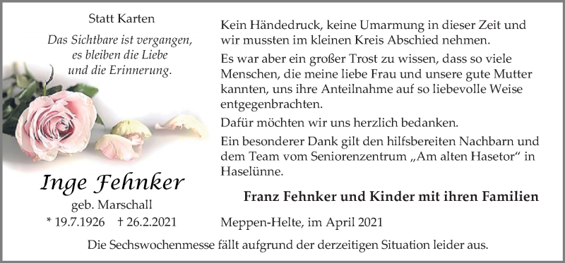  Traueranzeige für Inge Fehnker vom 07.04.2021 aus Neue Osnabrücker Zeitung GmbH & Co. KG