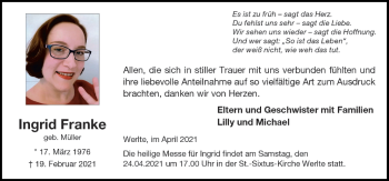 Traueranzeige von Ingrid Franke von Neue Osnabrücker Zeitung GmbH & Co. KG