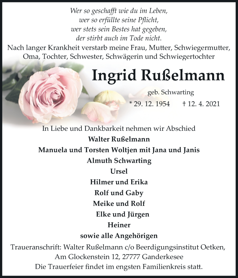  Traueranzeige für Ingrid Rußelmann vom 16.04.2021 aus Neue Osnabrücker Zeitung GmbH & Co. KG