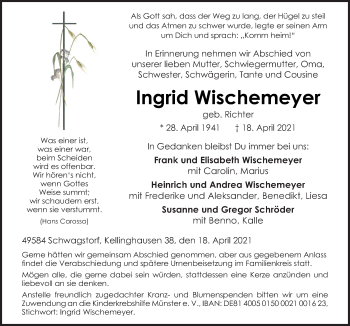 Traueranzeige von Ingrid Wischemeyer von Neue Osnabrücker Zeitung GmbH & Co. KG