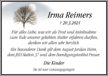 Traueranzeige von Irma Reimers von Neue Osnabrücker Zeitung GmbH & Co. KG
