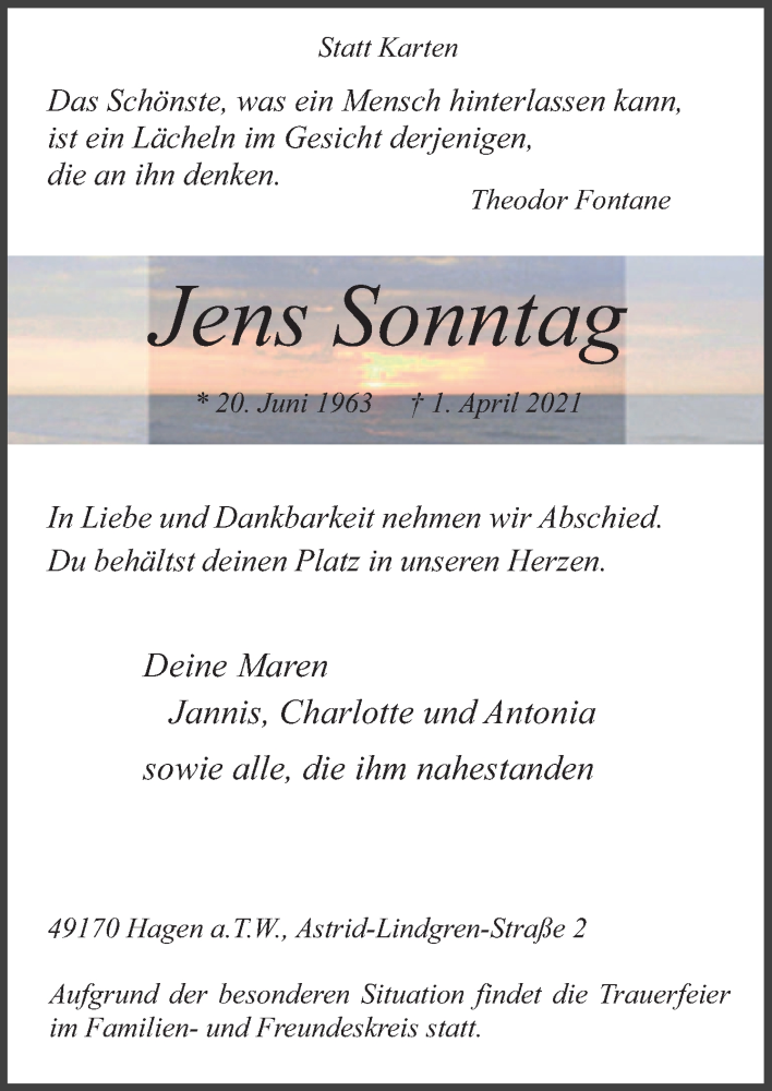  Traueranzeige für Jens Sonntag vom 07.04.2021 aus Neue Osnabrücker Zeitung GmbH & Co. KG