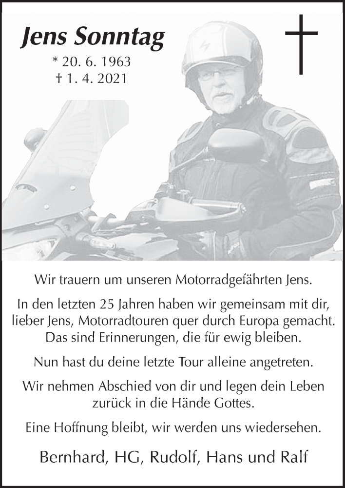  Traueranzeige für Jens Sonntag vom 08.04.2021 aus Neue Osnabrücker Zeitung GmbH & Co. KG