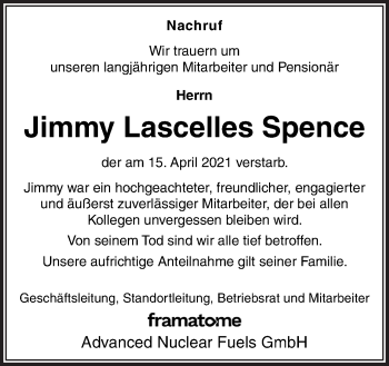 Traueranzeige von Jimmy Lascelles Spence von Neue Osnabrücker Zeitung GmbH & Co. KG