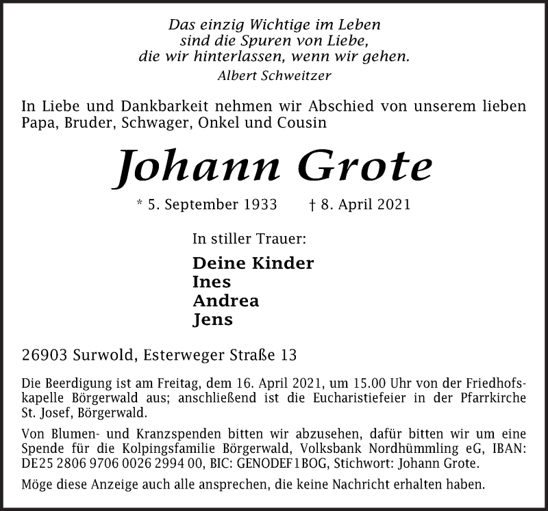  Traueranzeige für Johann Grote vom 12.04.2021 aus Neue Osnabrücker Zeitung GmbH & Co. KG
