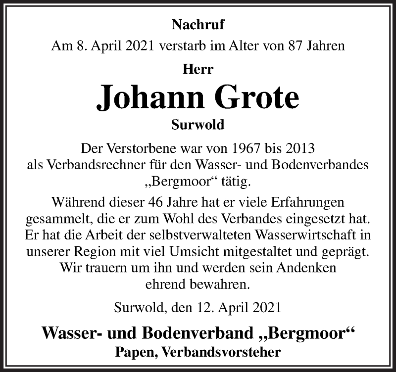  Traueranzeige für Johann Grote vom 14.04.2021 aus Neue Osnabrücker Zeitung GmbH & Co. KG