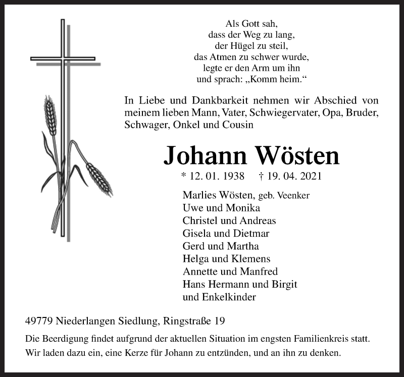  Traueranzeige für Johann Wösten vom 21.04.2021 aus Neue Osnabrücker Zeitung GmbH & Co. KG