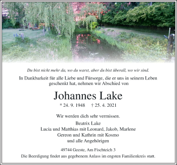 Traueranzeige von Johannes Lake von Neue Osnabrücker Zeitung GmbH & Co. KG