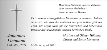 Traueranzeige von Johannes Lietmann von Neue Osnabrücker Zeitung GmbH & Co. KG